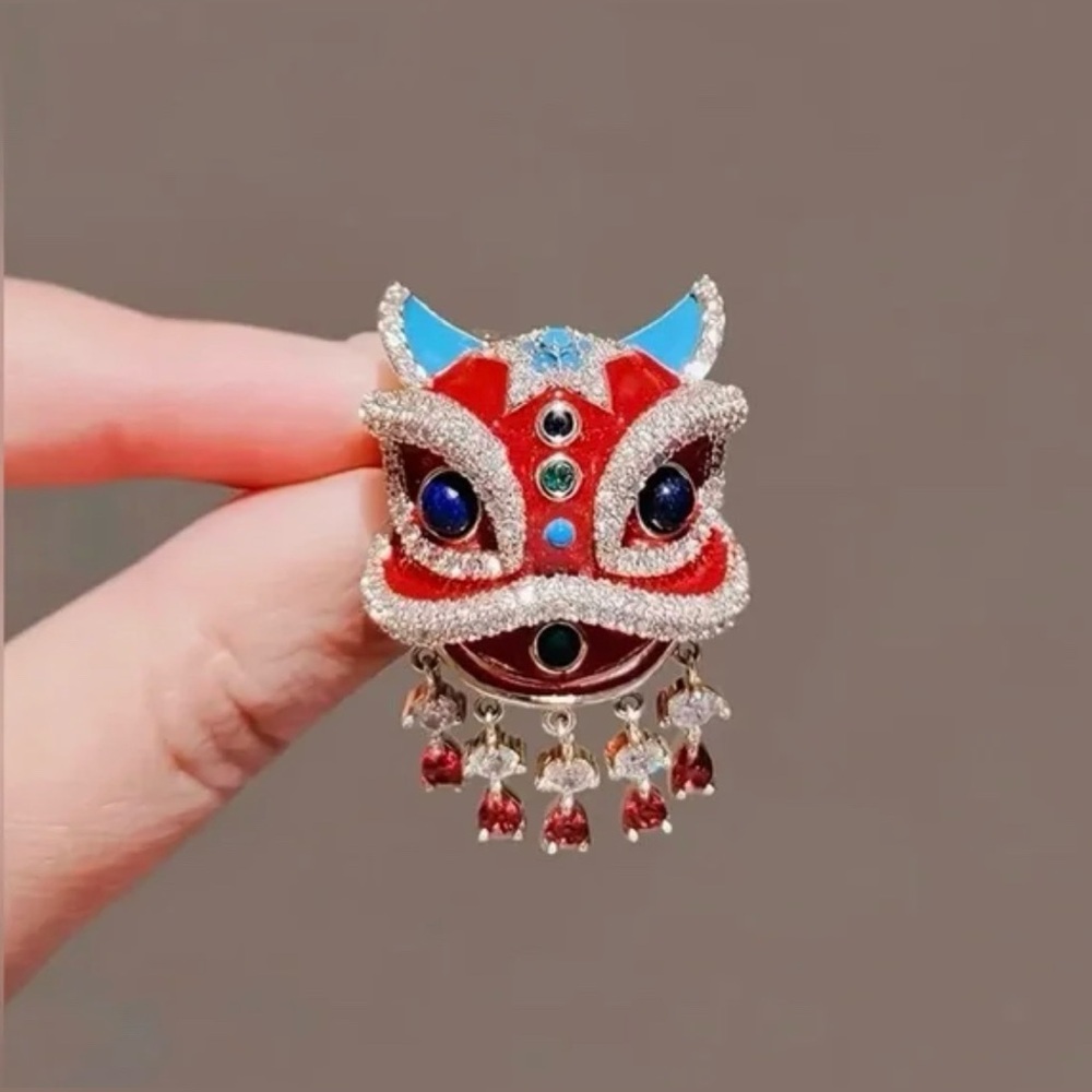 Red Lion Dance Brooch Pin with Crystal Accents Chinese Inspired Design
